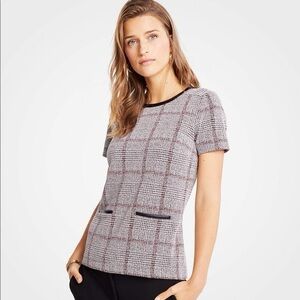 Ann Taylor SP Burgundy Plaid Short Sleeve Faux Leather Trim Top
